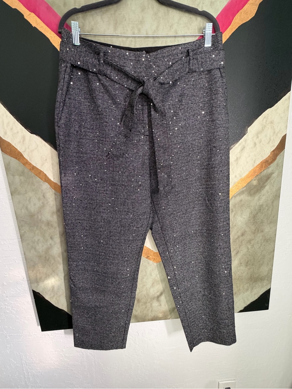 LOFT Gray Sparkle Tie-Waist Cropped Pants